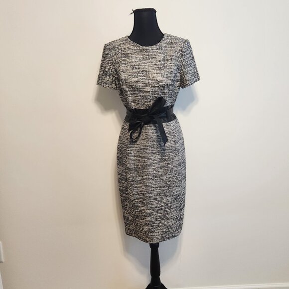 Calvin Klein Black & White Tweed Sheath Dress with Faux Leather Waist Belt - 4 - Picture 1 of 7
